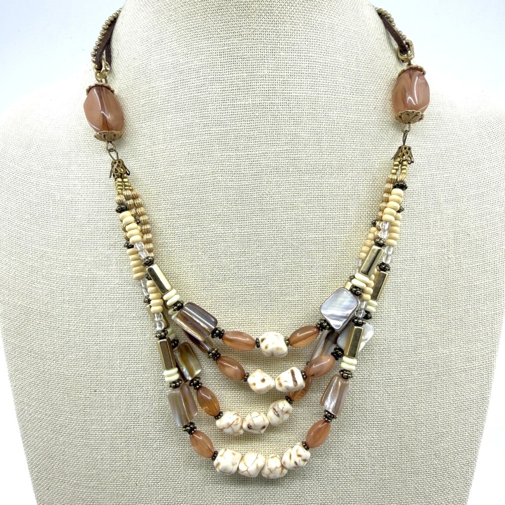 Boho Multi Strand Layered Necklace Earth Tone Beads Statement Piece Gift Idea